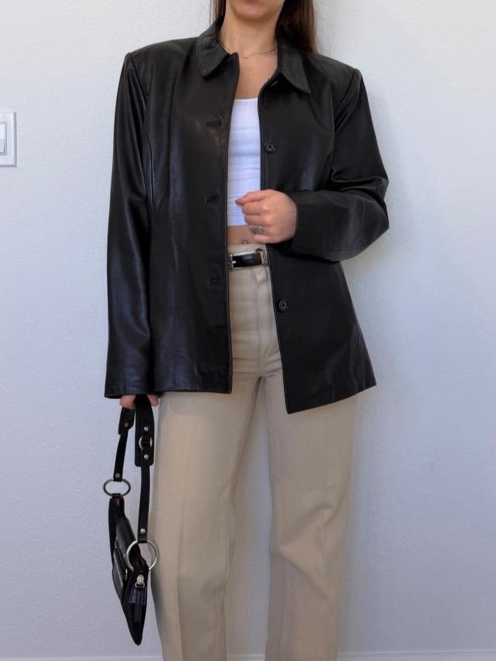 Vintage Alfani Black Leather Button-Front Jacket